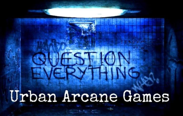 The words "Question Everything" written in spray paint on a tile wall lit in blue light.