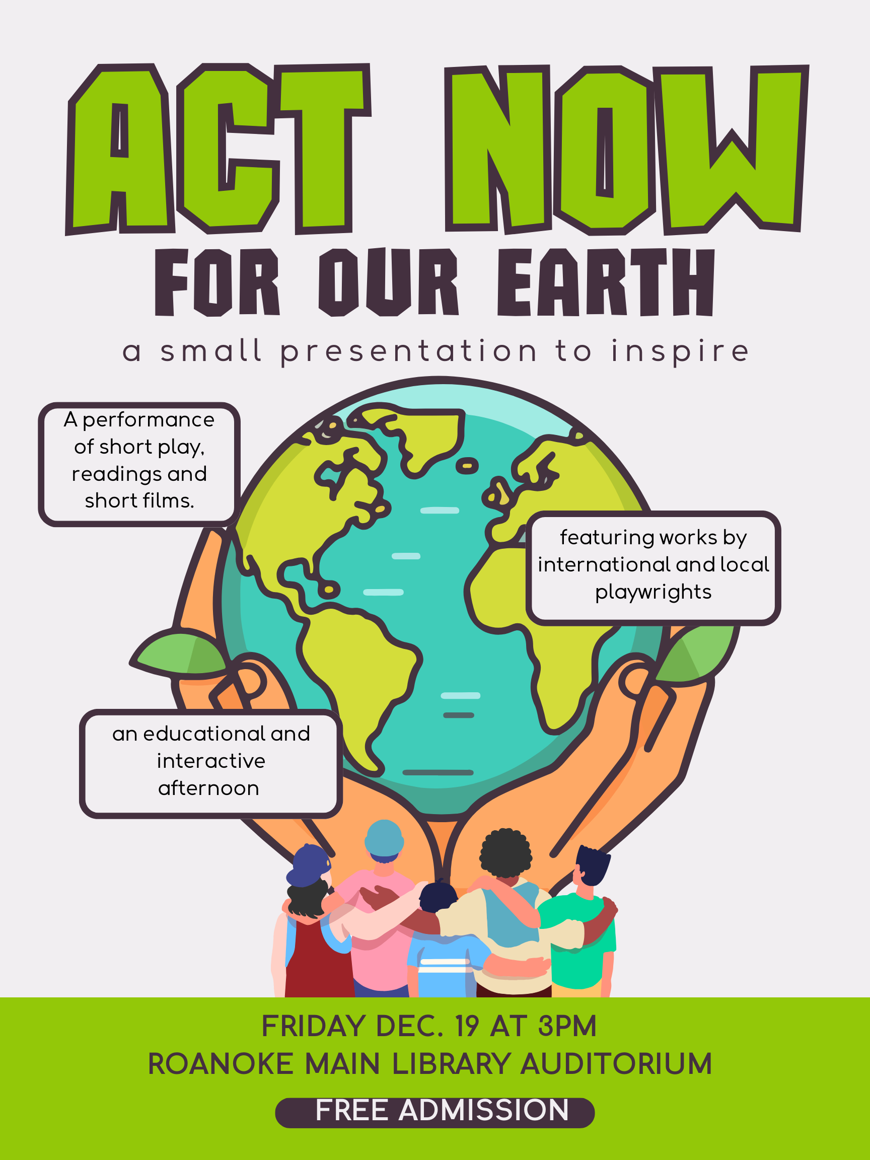 Poster with green and black lettering and an illustration of a pair of hands holding a globe.